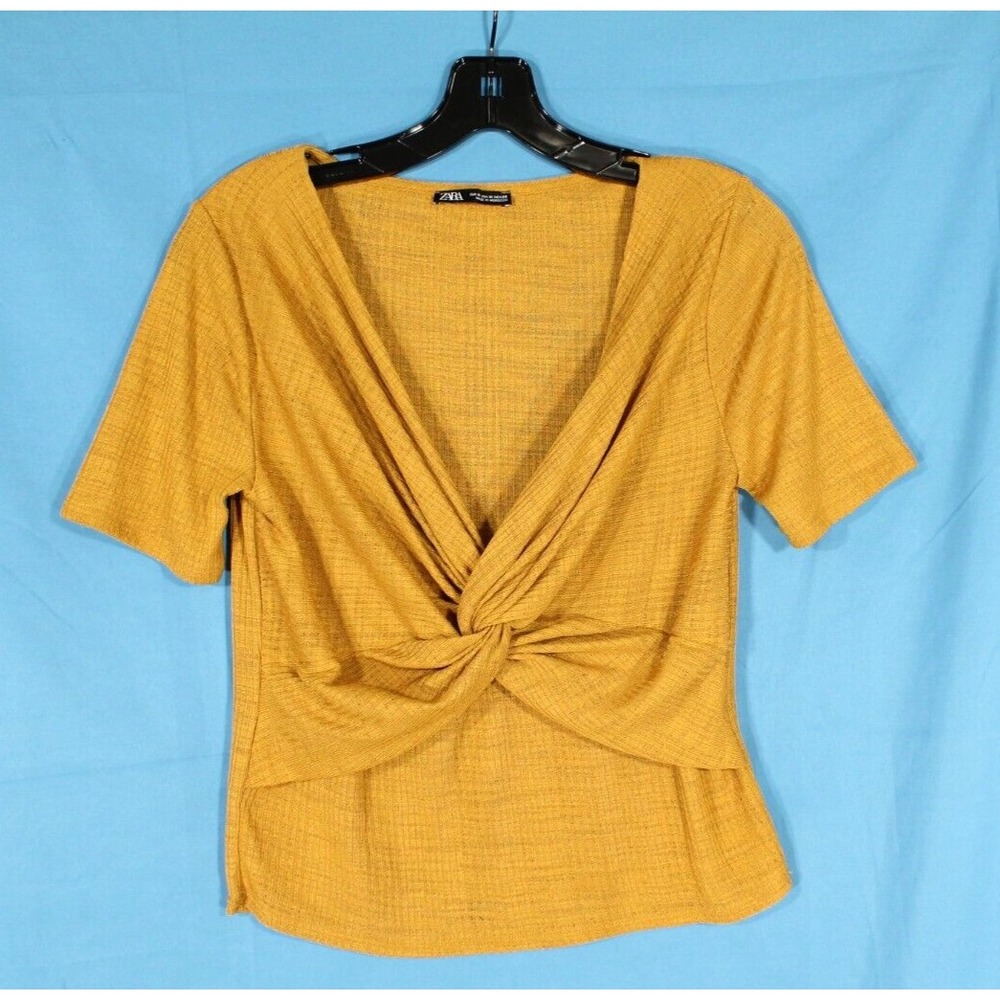ZARA Lightweight RIBBED KNIT Golden Yellow TWISTED FRONT Cropped BLOUSE/TOP Sz M